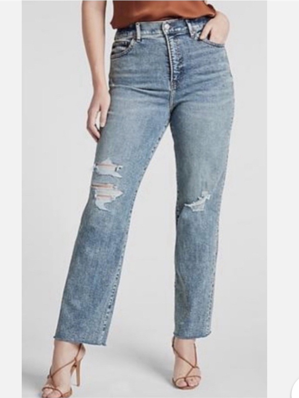 Express Super High Rise Modern Straight Distressed Jeans